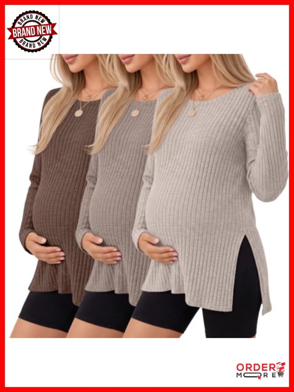 3 Pack Women's Ribbed Maternity Long Sleeve Scoop Neck Tops Side Slits